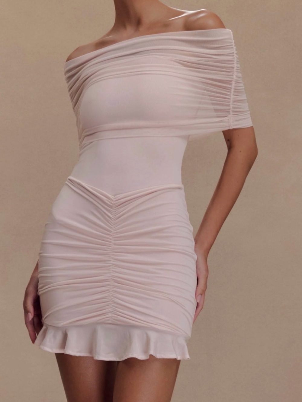 Meshki Off-Shoulder Ruched Mini Dress in Blush Pink